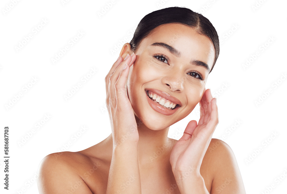 Isolated png background, skincare and happy woman with self love for healthy dermatology and cosmeti