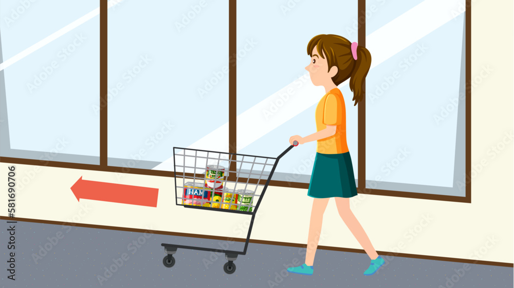 Woman Pushing Shopping Cart in Supermarket