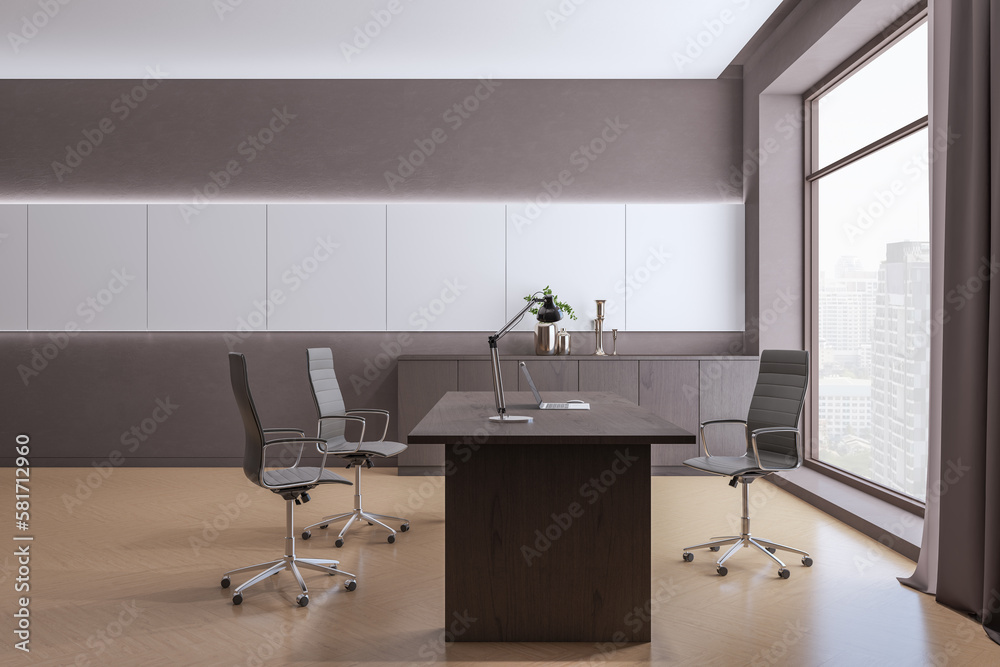 Modern bright office interior with furniture and equipment, window with city view and curtain. 3D Re