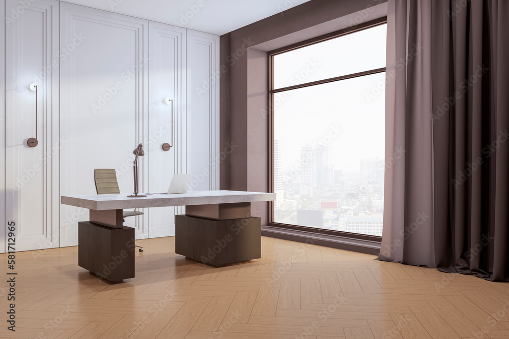 Contemporary light office interior with furniture and equipment, window with city view and curtain. 