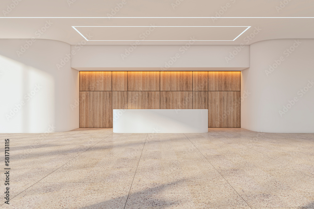 Blank light sunlit concrete floor with space for product presentation in spacious modern interior de