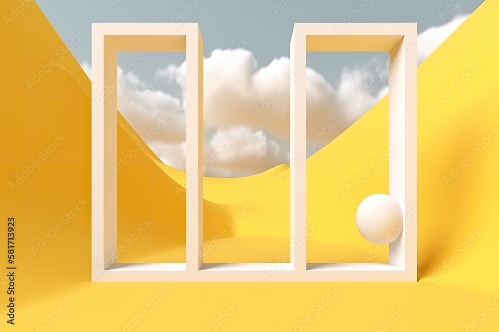 Unrealistic desert scene with white clouds entering the portals in the yellow squares on a bright da