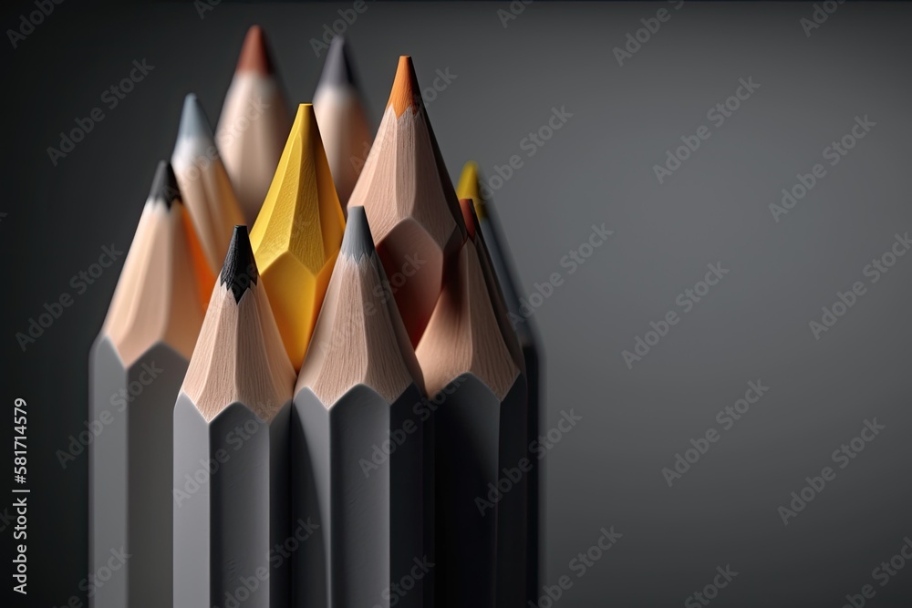 Close up of upright pencils against a gray background. Pencils in minimalist macro close up photogra