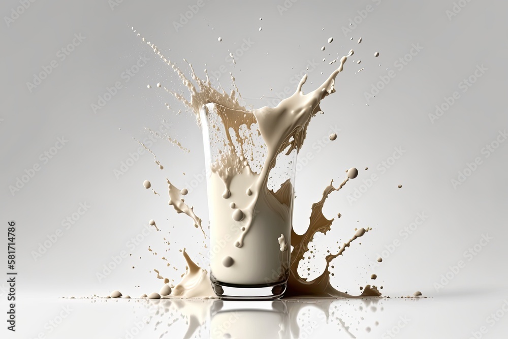 solitary milk splatters off the glass on a white background. Generative AI