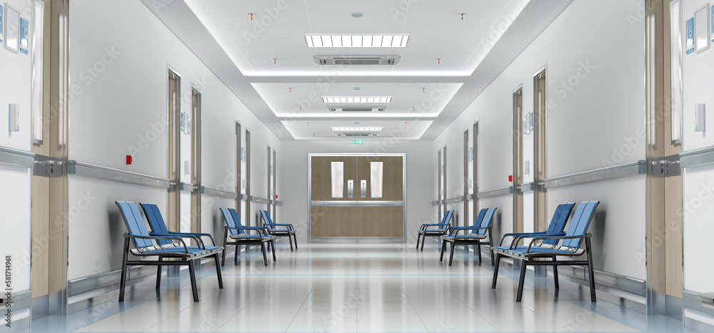 Long white hospital corridor with rooms and seats 3D rendering. Empty accident and emergency interio