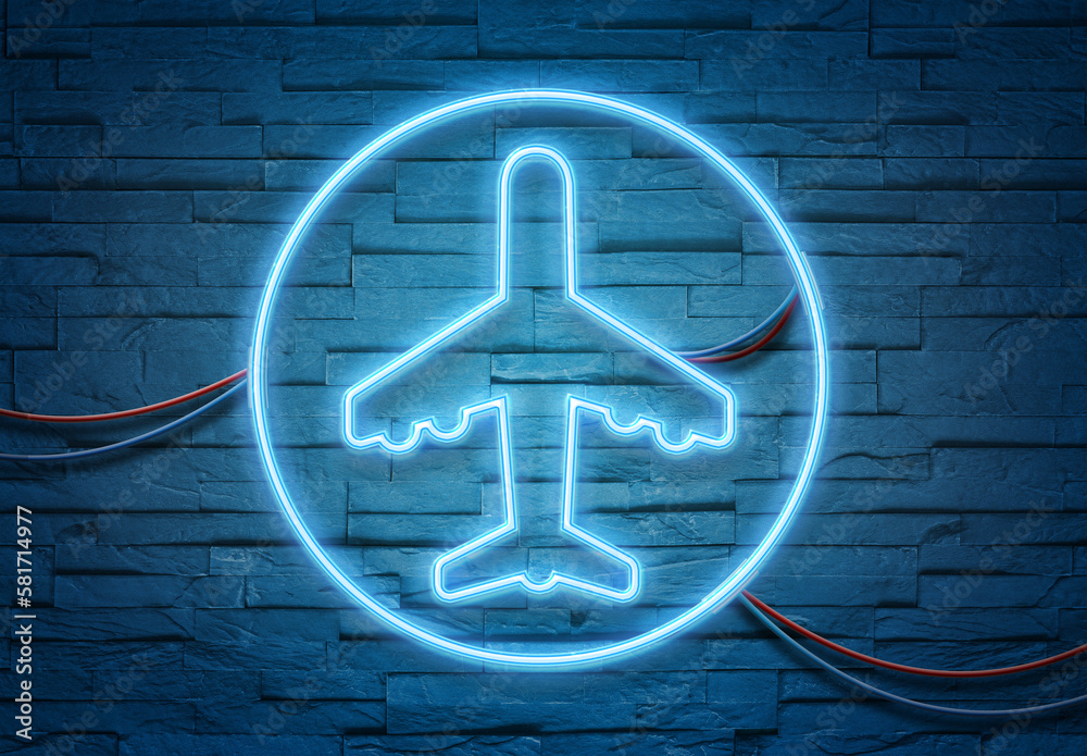 Plane neon icon illuminating a brick wall with blue glowing light 3D rendering