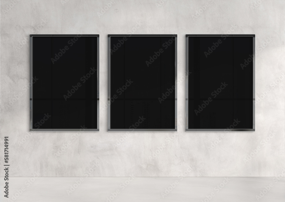 Three billboards hanging on a sunlit wall mockup. Template of frames bathed in sunlight 3D rendering