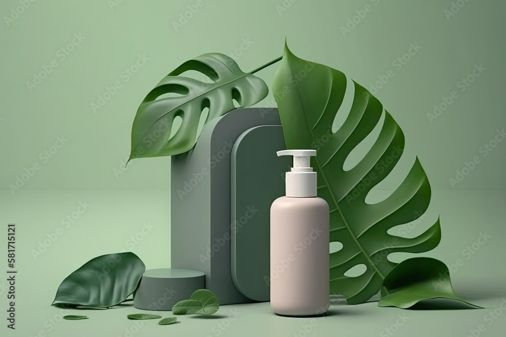 minimal cosmetic backdrop for the display of the product pedestal with a green leaf and a cosmetic b