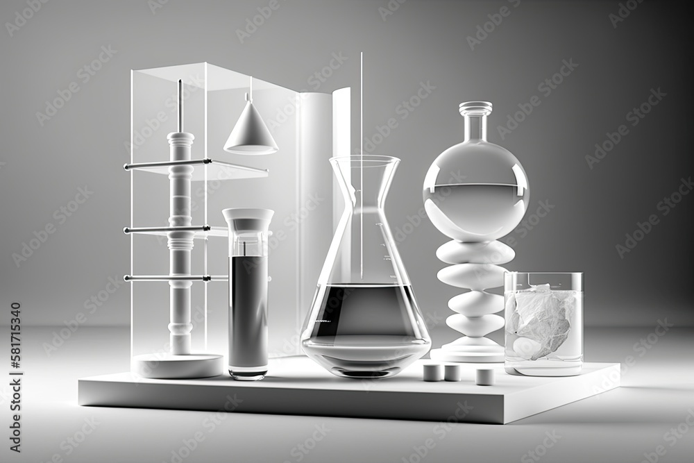 Laboratory glassware, cosmetics research, and energy on a white background are all used by researche