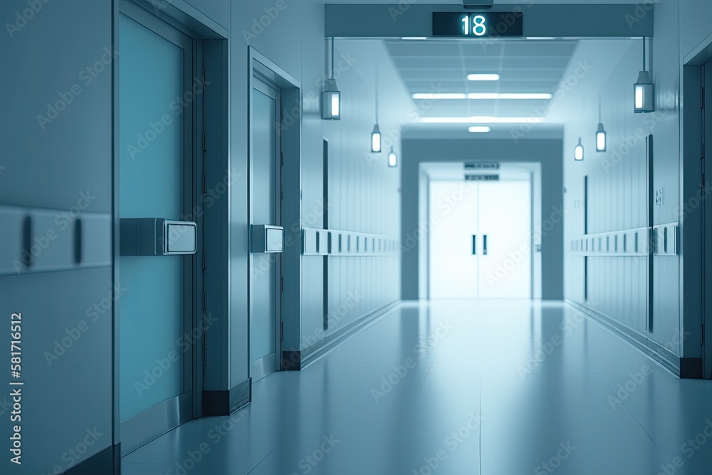 LIGHT BLUE INTERIOR, MODERN HOSPITAL HALL, BLURRED MEDICAL BACKGROUND. Generative AI