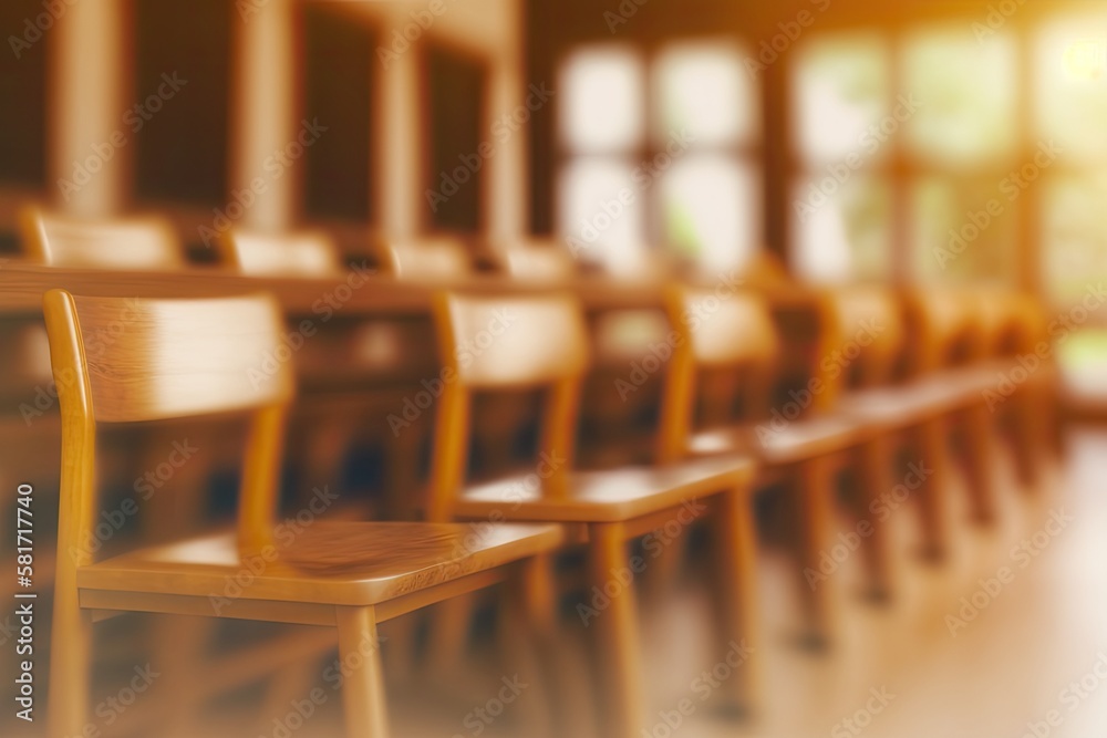 blur image of brown wooden chair row in classroom for abstract background usage. Generative AI