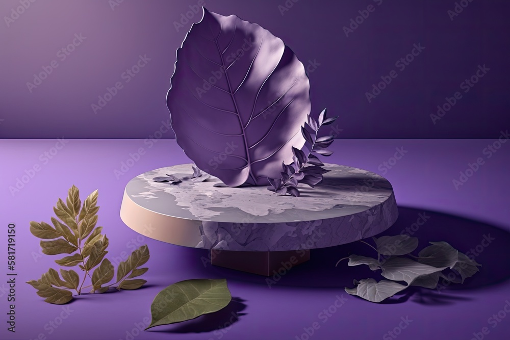 On a violet background, a stone product display podium platform features shadowed leaves from nature