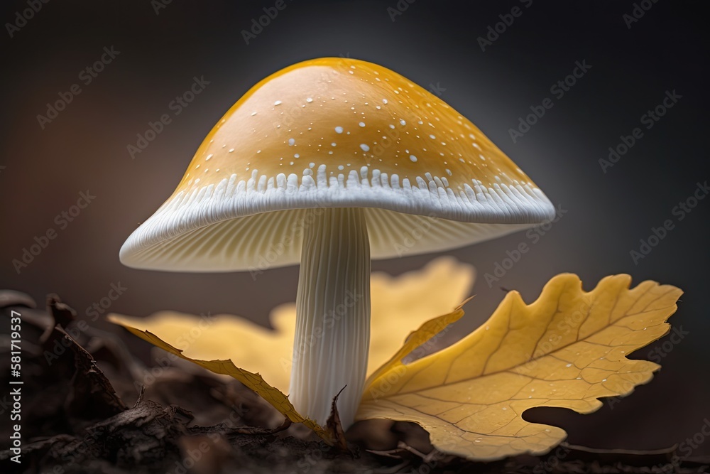 Edulis boletus. macro photography, a yellow leaf, and a white mushroom. Generative AI