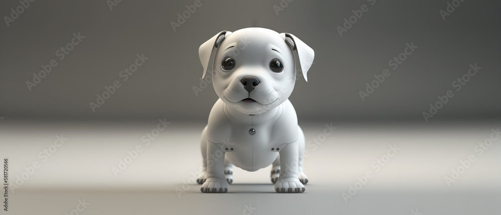 Cute robotic puppy isolated on large empty background. White happy little dog robot. Futuristic pet 