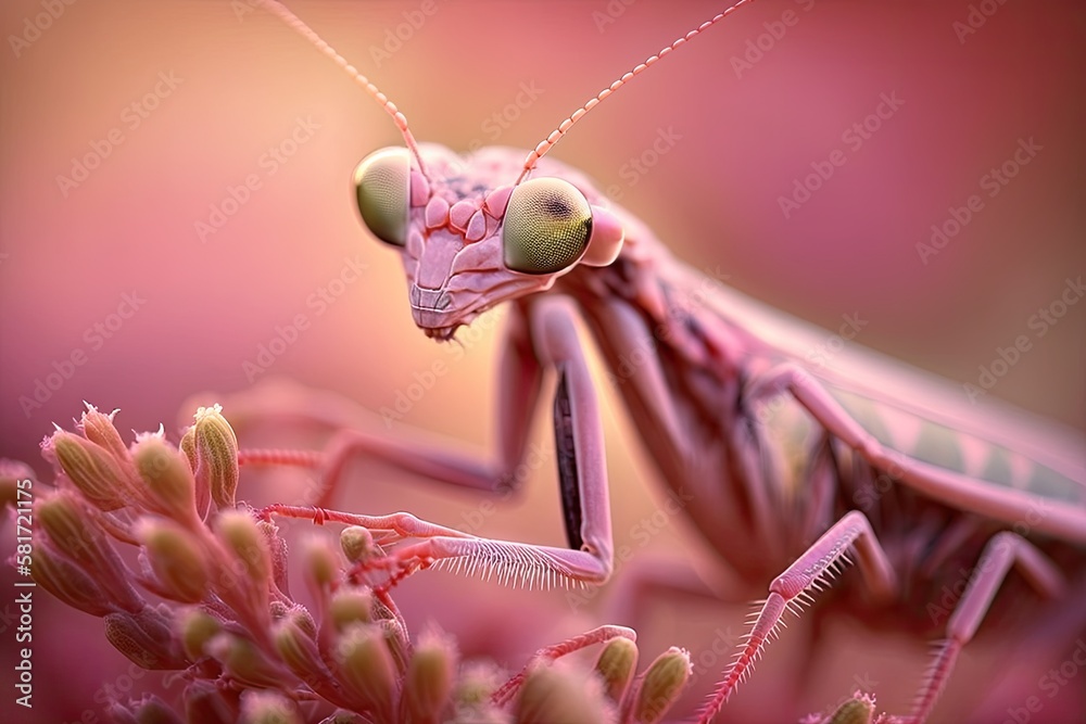 Beautiful macro pink mantis photography with soft focus. Generative AI