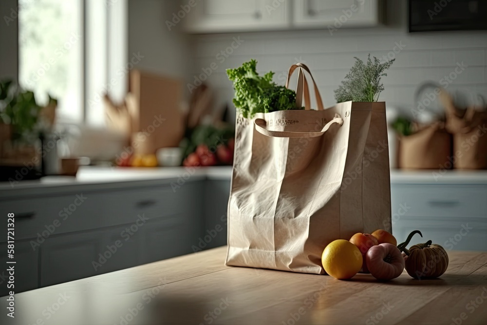 On the table in a contemporary kitchen is an eco friendly shopping bag. Concept of market shopping o