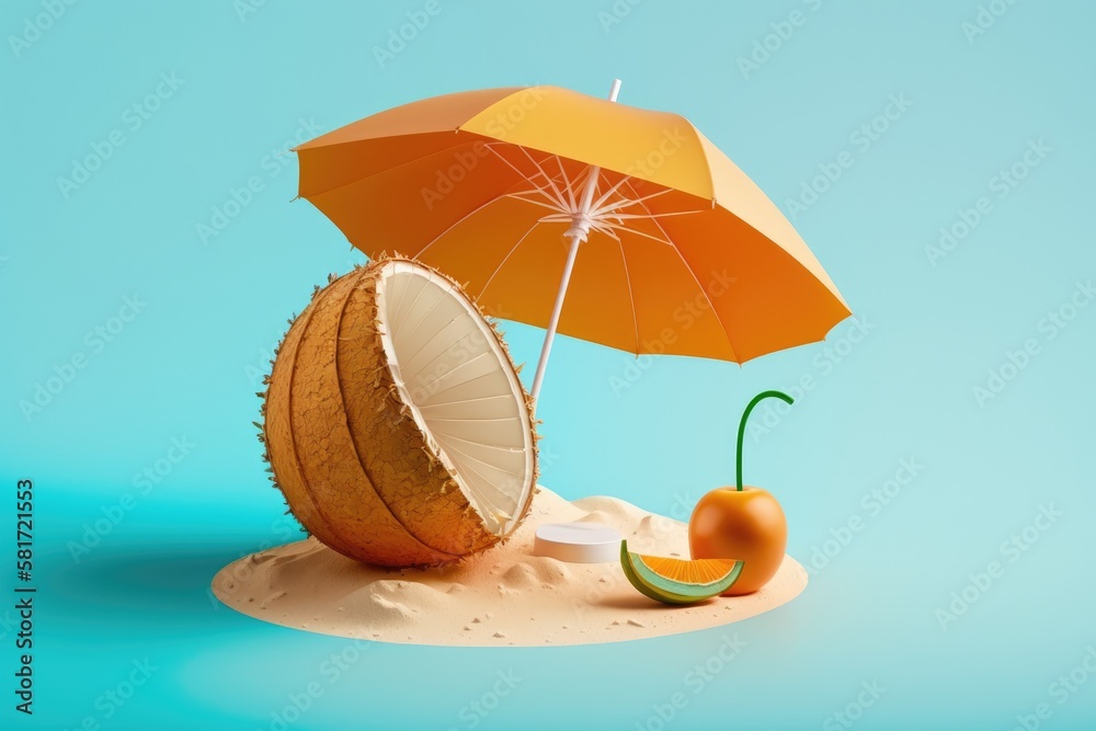 Concept of a tropical beach with coconut fruit and a sun umbrella. imaginative summertime minimalism