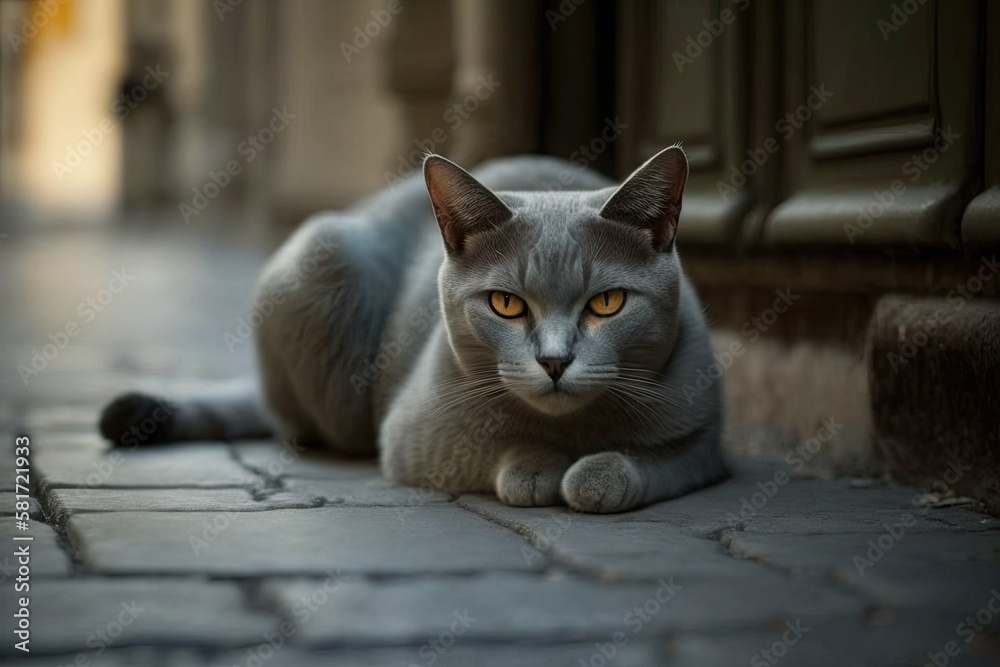 Leaning and glancing at the camera while lying on the cement floor was a gray cat. Generative AI