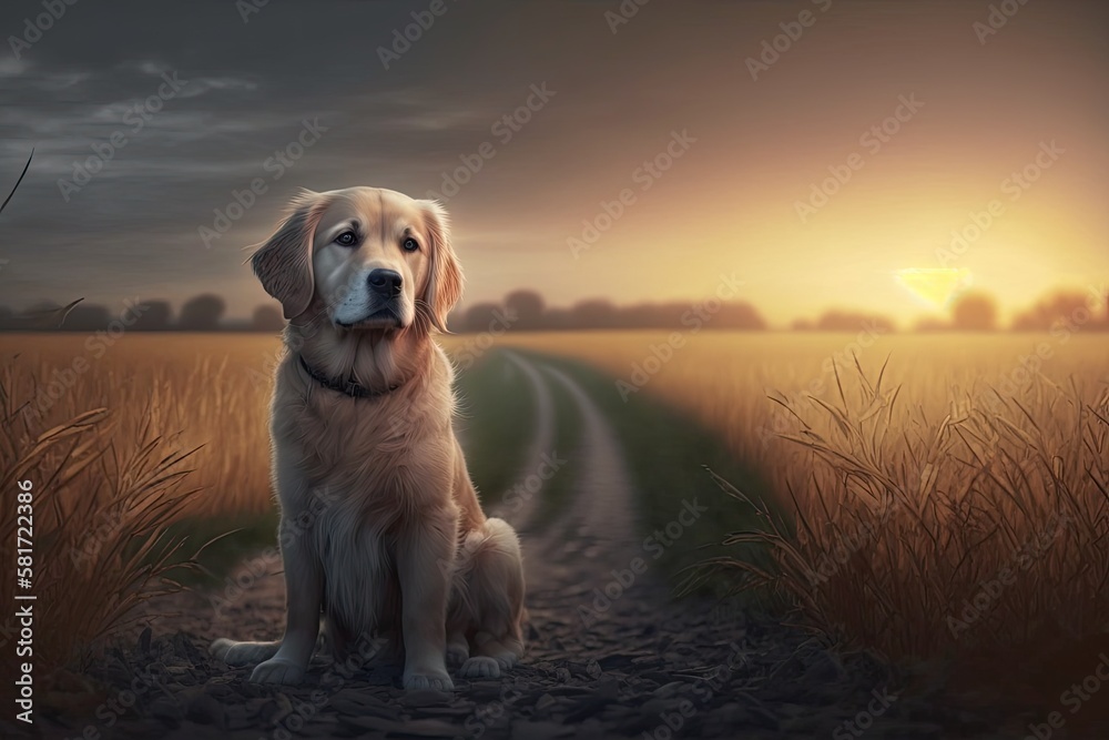 a little pup dog A mature dog with a golden retriever sits in a field during the summer. It is dusk 