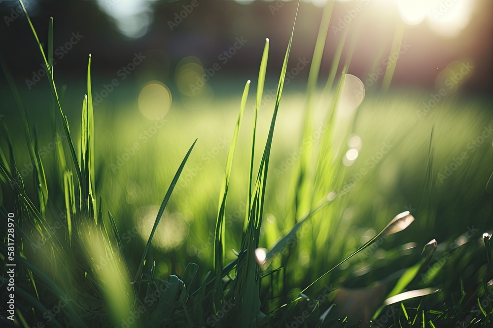 Close up shots of a natural, fuzzy background with green grass blades. Sunny morning meadow with new