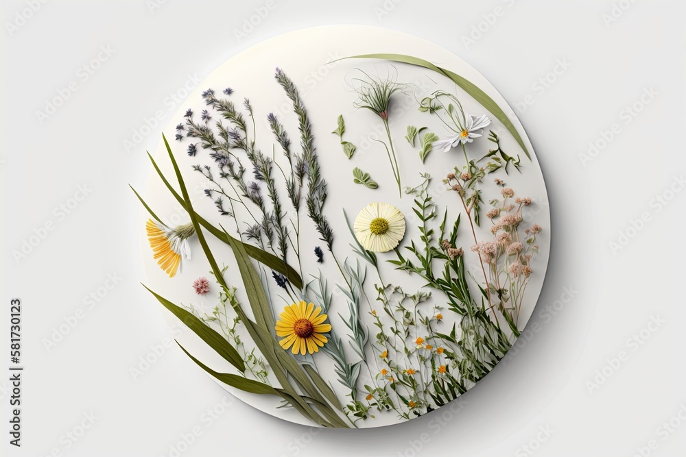 Round surface patch with flowers, greenery, or dried grass in a collection, isolated on a white back