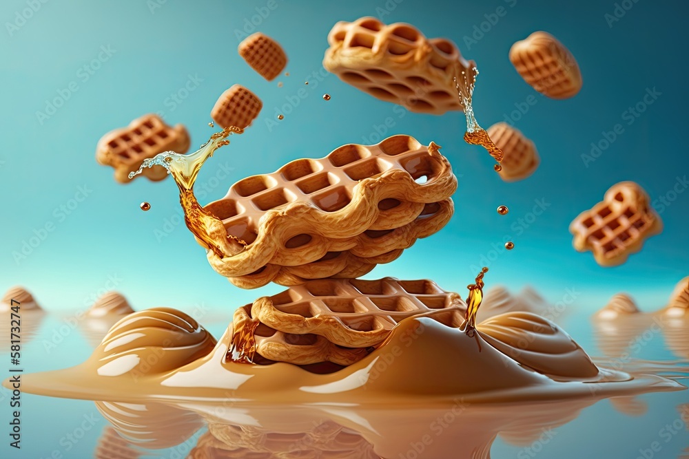 Floating croissant waffles with honey running down them. Generative AI