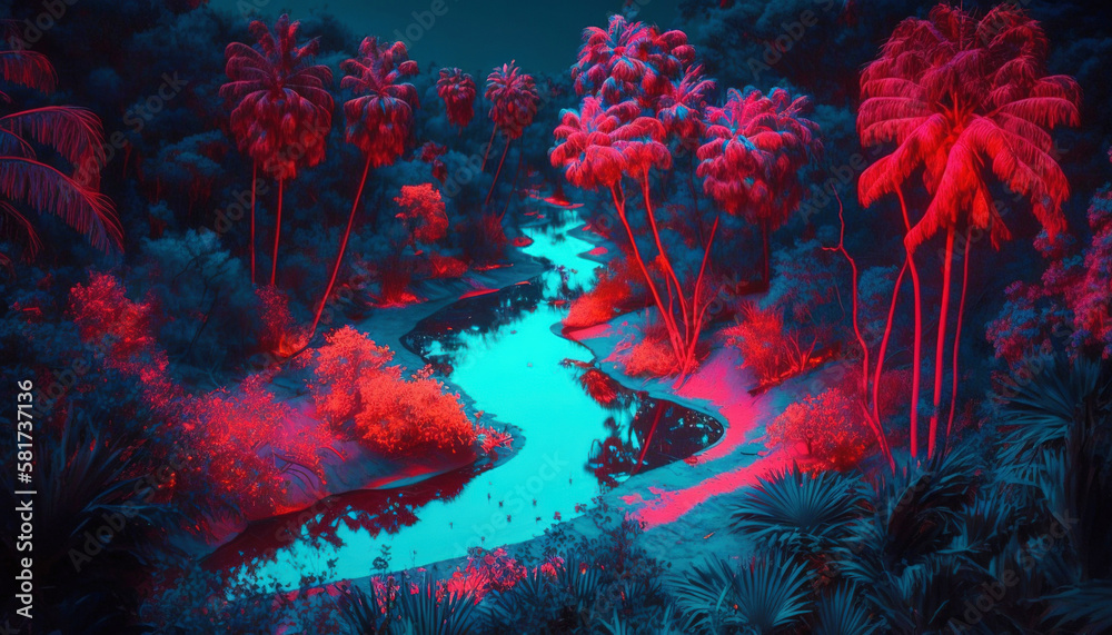 Tropical jungle in vibrant gradient neon colors. Synthwave rain forest. Generative AI