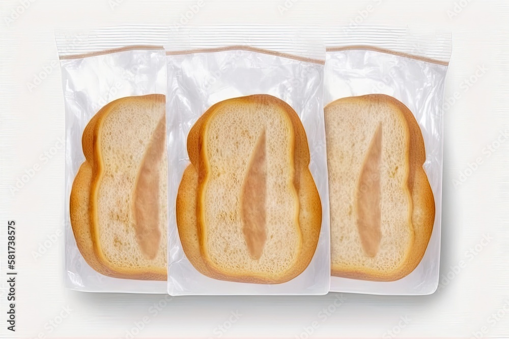 Bread slices isolated on a white background in a plastic bag. Generative AI