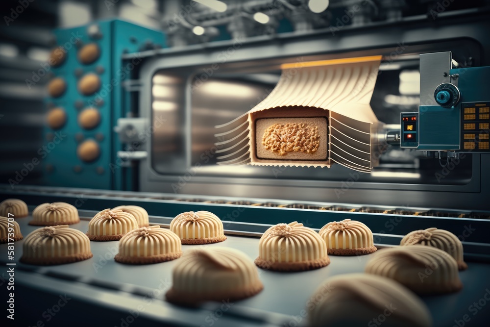 Technology and equipment in the food factory industrial assembly line manufacture of baked goods. Ge