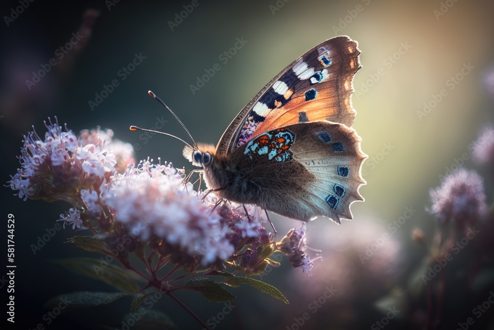 Macro pictures, lovely natural setting. Beautiful butterfly in closeup perched on a blossom in a sum