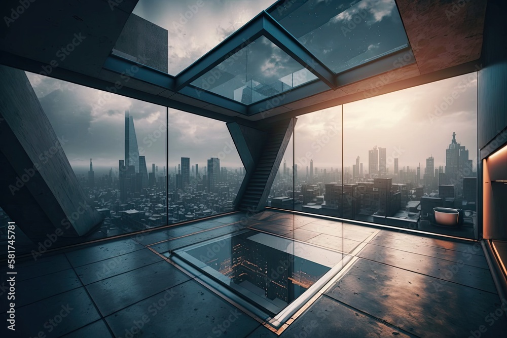 Modern rooftop with a glass floor that is unoccupied and shows the city skyline. Generative AI