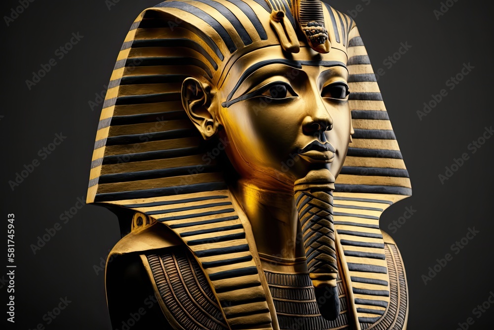 ancient Egyptian pharaohs head statue with a gold mask on its head and a black background and brown