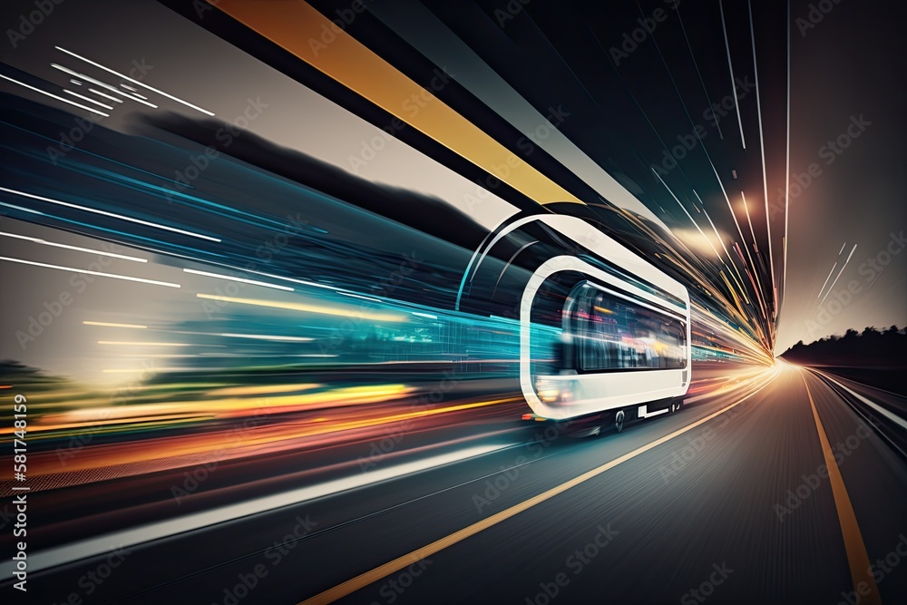 Motion blur and digital data flow on the road give the impression of rapid data transit. Concept of 