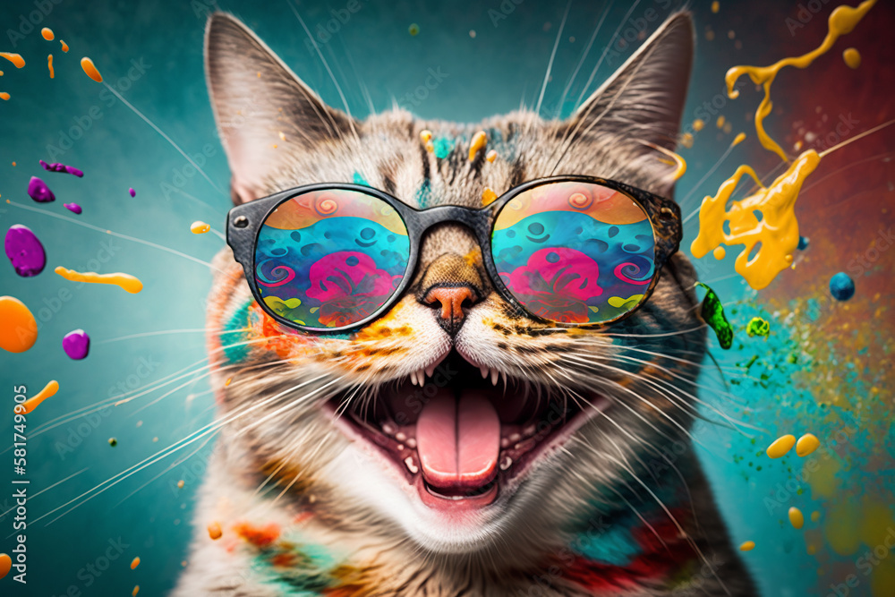 Cartoon colorful cat with sunglasses on white background. Created with  generative a