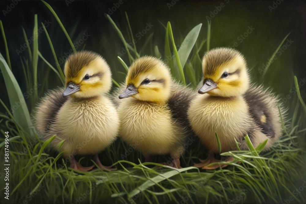 Outside, three fluffy little ducklings. Yellow baby duck birds learning about life on springtime gre