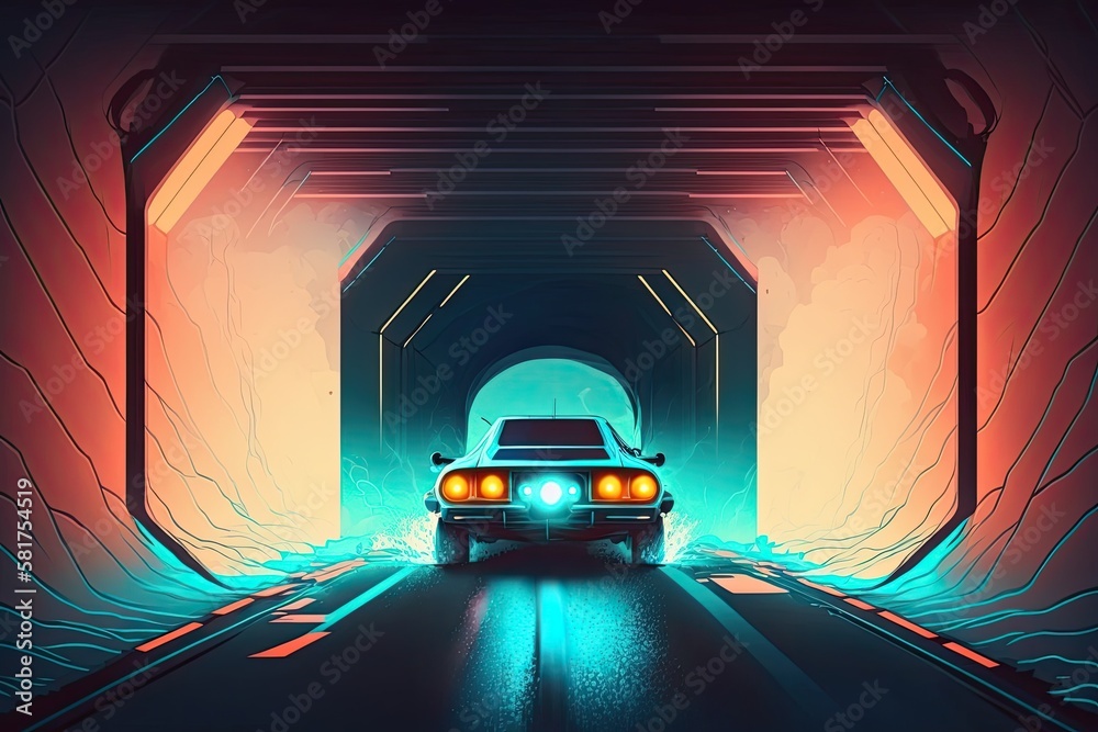 The vehicle travels quickly through a neon technological tunnel that never ends. Future oriented ide