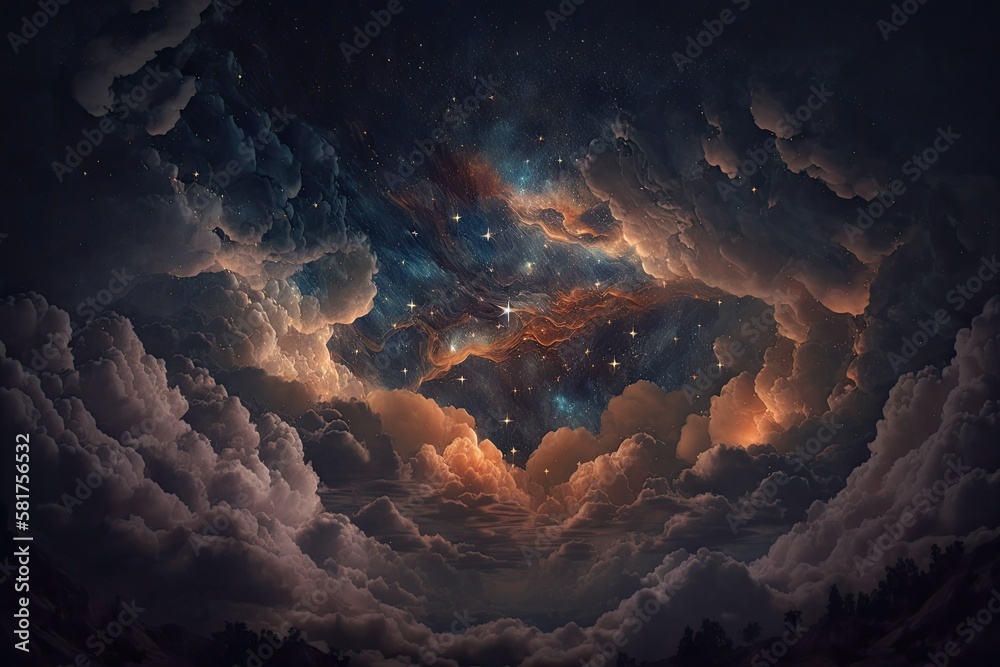 Stars in the night sky through the clouds. Generative AI