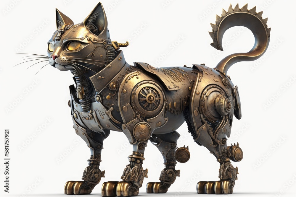 metal cat robot in steampunk style on white background. Generative AI