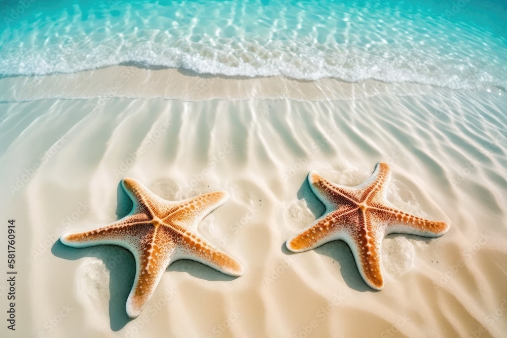 Two starfishes on the soft white sand beach in clear sea water. Summer background. Summer time.Copy 