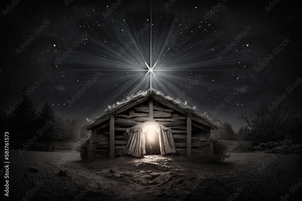 The star shines over the manger of christmas of Jesus Christ. Generative AI