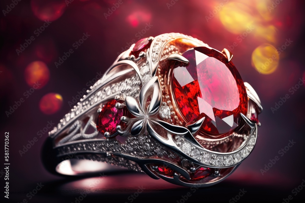 Diamond Ring fine jewelry. Macro photography. Rubies. Generative AI