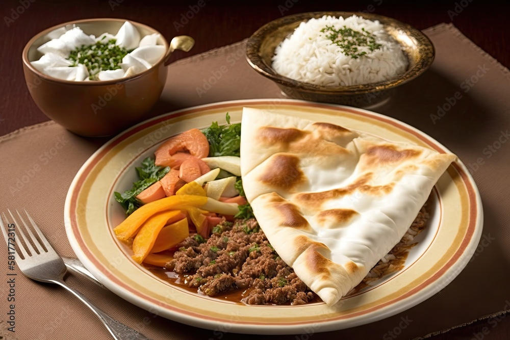 Arabian cuisine from Manakish; cuisine from Lahme Bajeen Manouche in Lebanon; pita with meat, vegeta