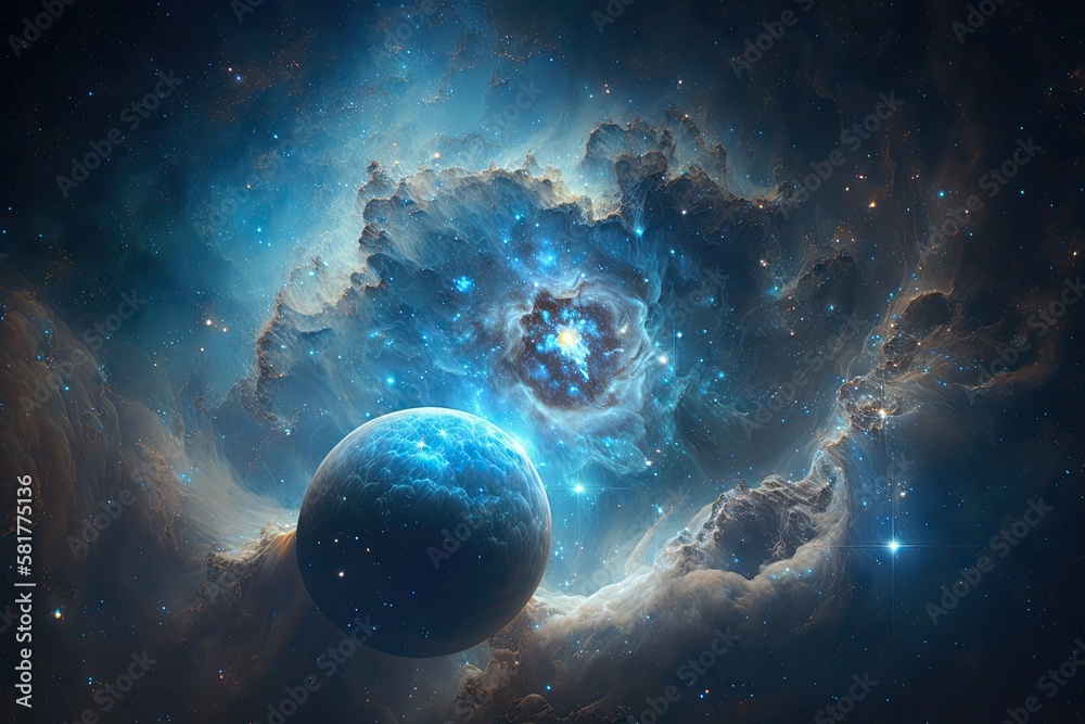 Stars and the planet can be seen in the foreground of a blue nebula. Generative AI