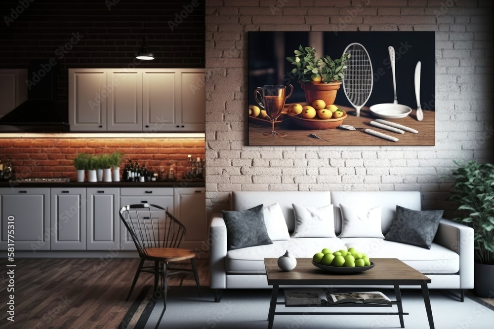 Sport room interior style with sofa and kitchen background, decorative home style, brick wall, vase 