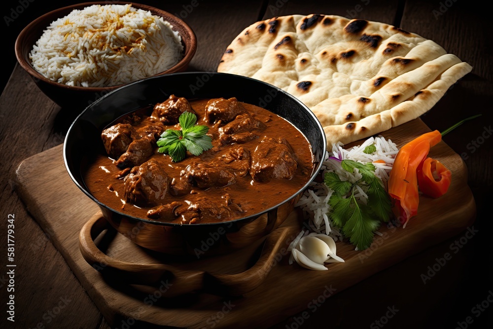 Indian cuisine Curry sauce from ROGAN JOSH. Rice and naan bread with pork rogan josh. Generative AI