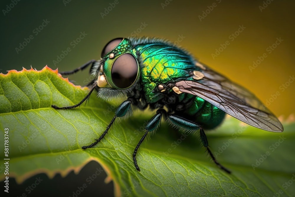 Photographing a fly on a green leaf in close up. Generative AI