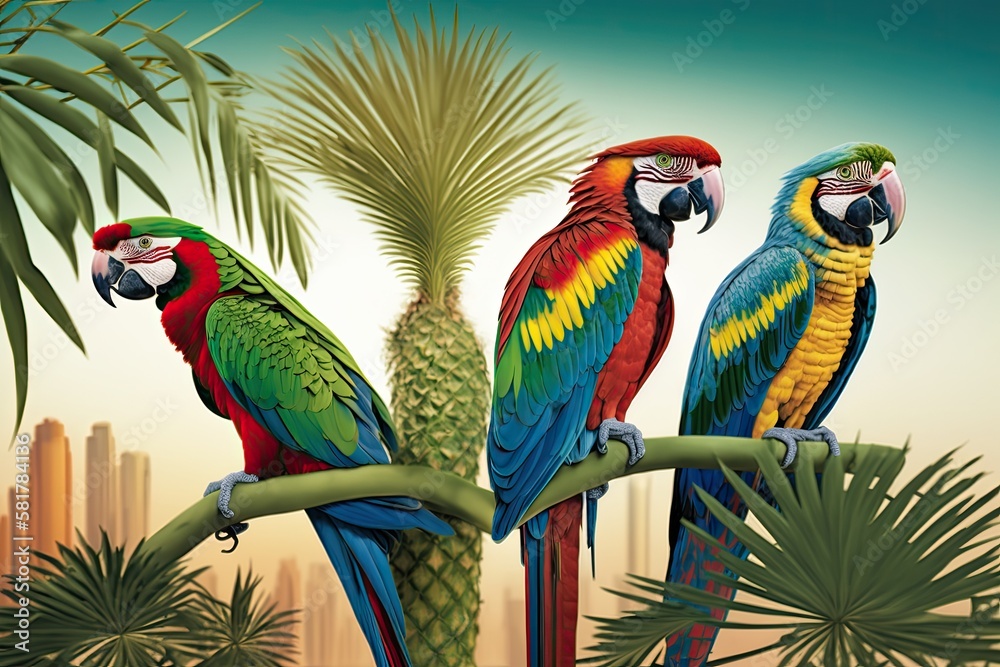 vivid parrots in The Green Planet in Dubai, United Arab Emirates. Generative AI