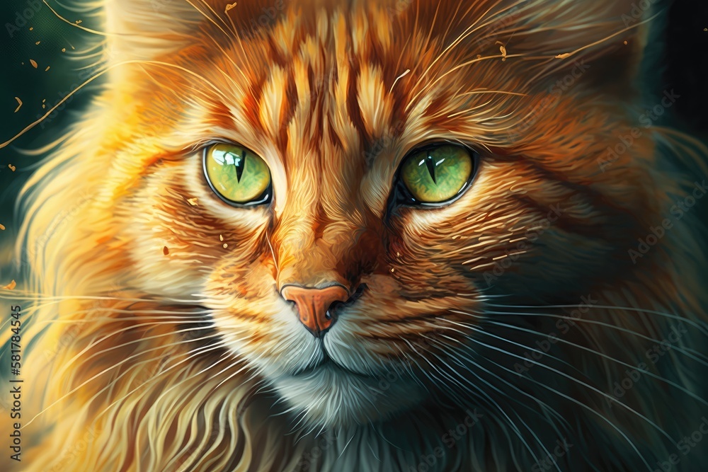 Cute orange cat with green eyes in the painting. Background and close up. amazing idea for a house p