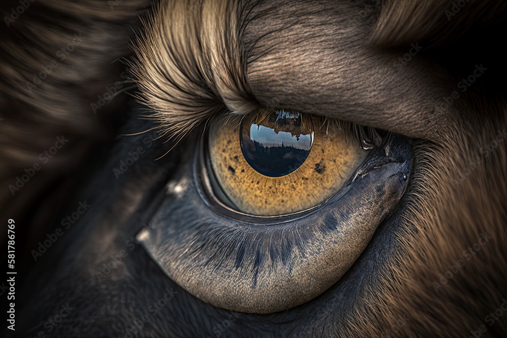 Close up of a European bisons (Bison bonasus) eye. Generative AI