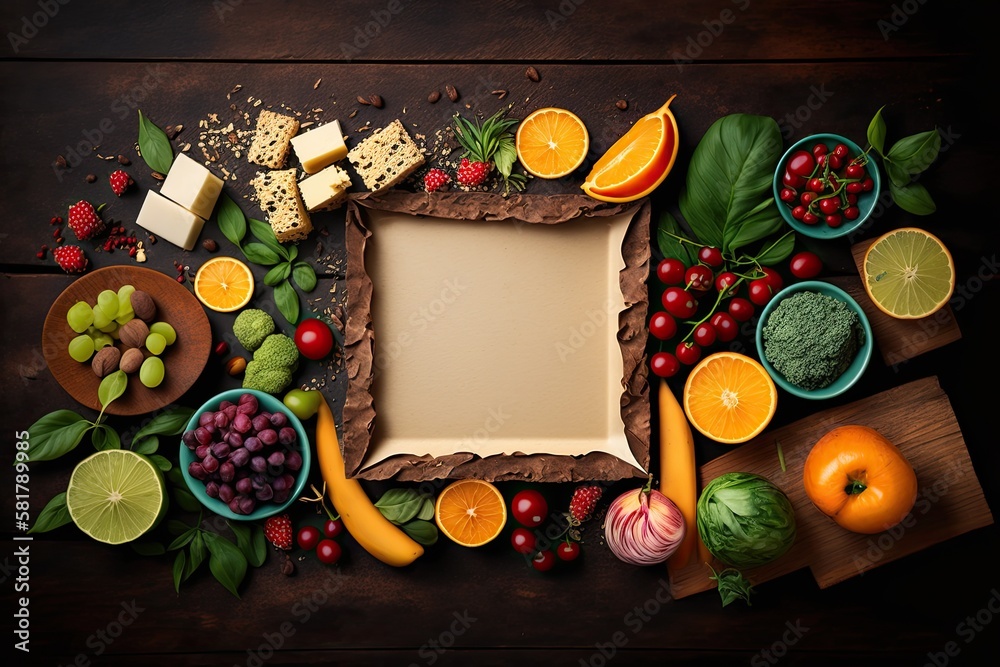 Healthy food on wooden table. Copyspace background. Top view. Generative AI